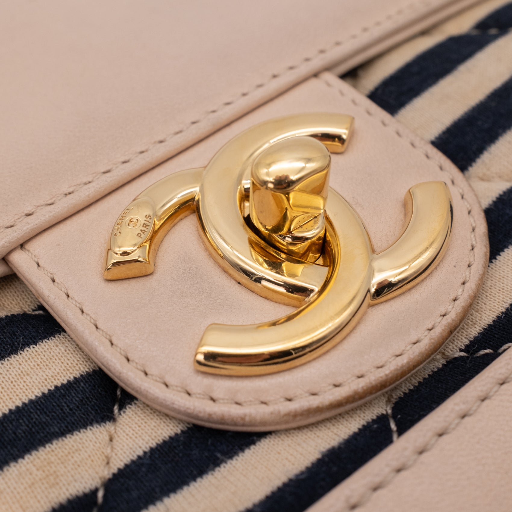 Chanel Classic Single Flap Coco Sailor Jumbo Jersey Dunkelblau Creme Streifen GHW