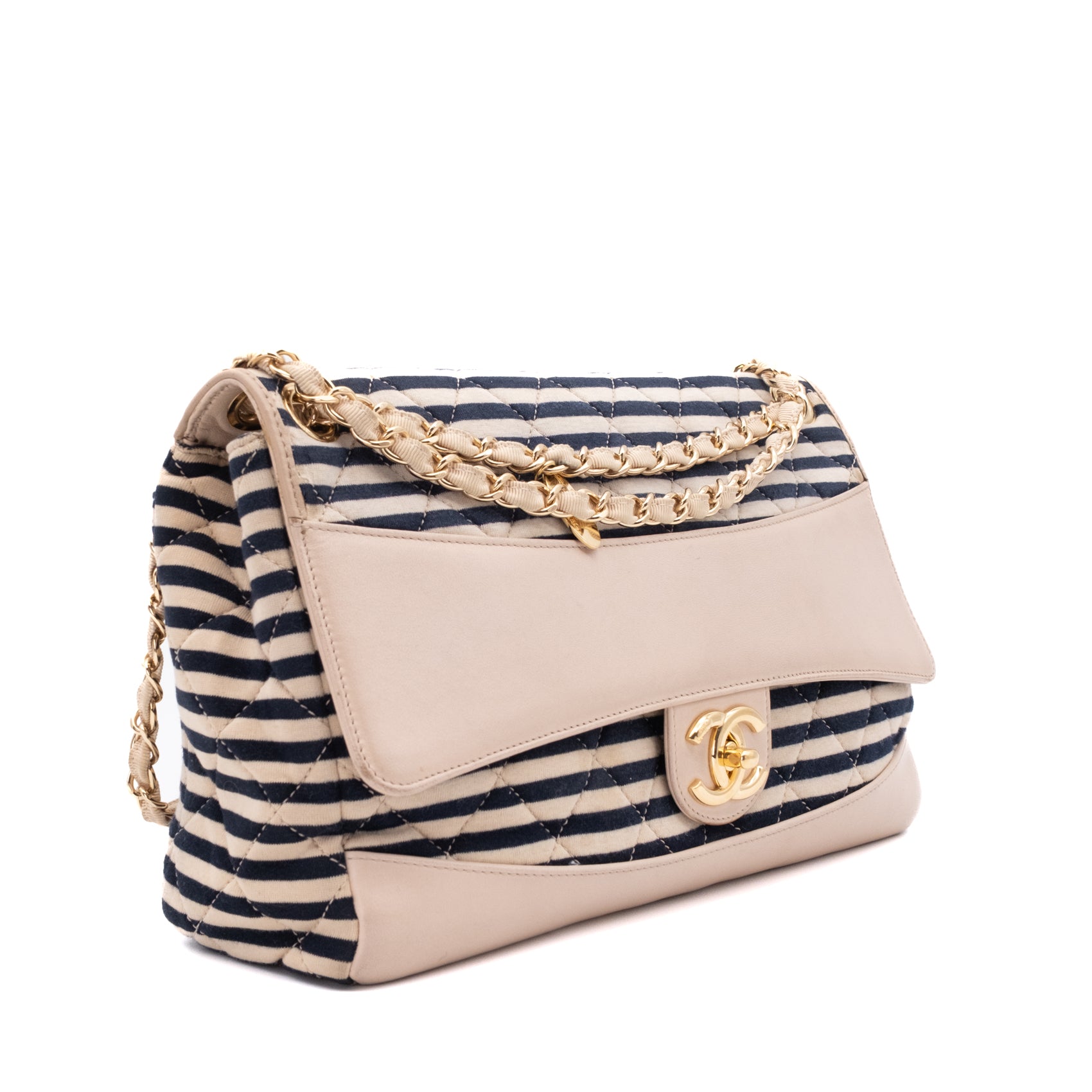 Chanel Classic Single Flap Coco Sailor Jumbo Jersey Dunkelblau Creme Streifen GHW