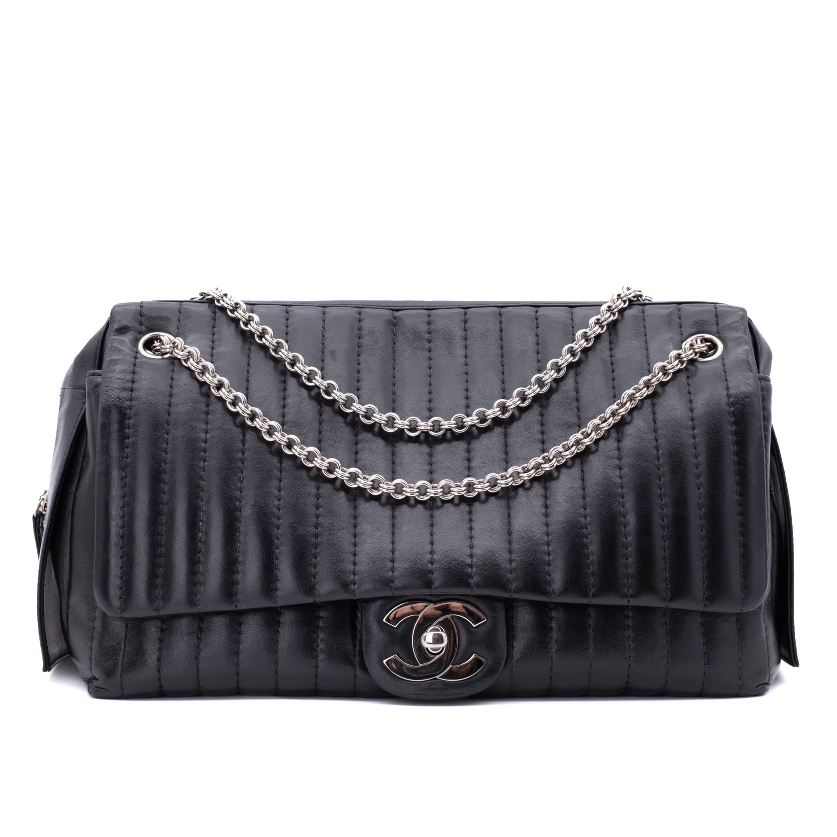 Chanel Classic Jumbo Single Flap Schultertasche Lammleder Schwarz Vertical Quilted Mademoiselle SHW