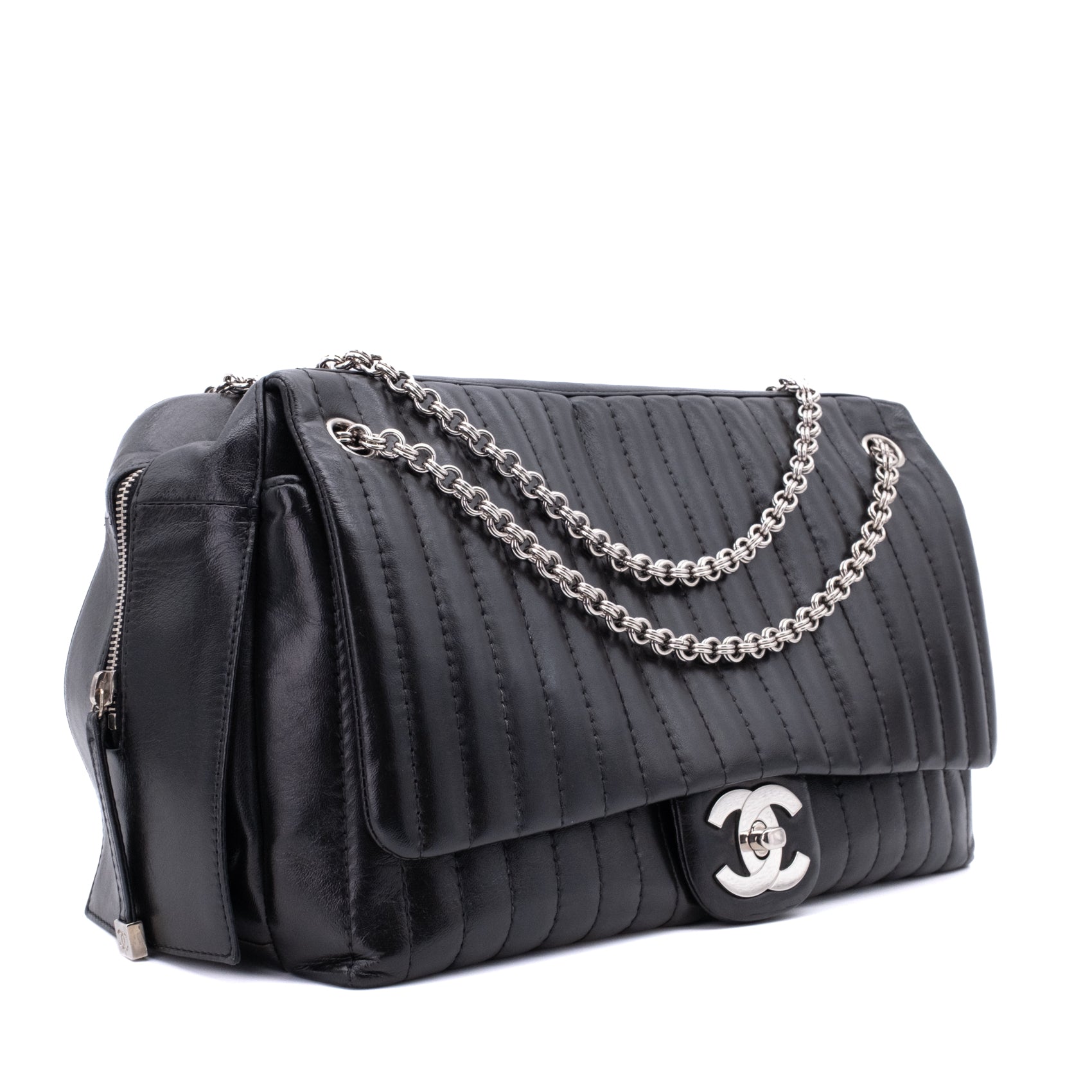 Chanel Classic Jumbo Single Flap Schultertasche Lammleder Schwarz Vertical Quilted Mademoiselle SHW