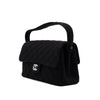 Schwarze Chanel Timeless Handtasche Double Face Medium Größe aus Jersey Material mit silberner Hardware halbe Seitenansicht rechts