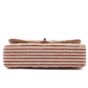 Gestreifte Chanel Timeless Handtasche Double Flap Bag in Rot Creme mit Perlenkette in Medium Größe mit goldener Hardware Bodenansicht 
