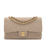 Chanel Timeless Double Flap Bag Handtasche in Beige Medium Größe aus Jeans Denim Material mit goldener Hardware Front