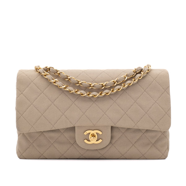 Chanel Timeless Double Flap Bag Handtasche in Beige Medium Größe aus Jeans Denim Material mit goldener Hardware Front