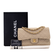 Chanel Timeless Double Flap Bag Handtasche in Beige Medium Größe aus Jeans Denim Material mit goldener Hardware Lieferumfang 