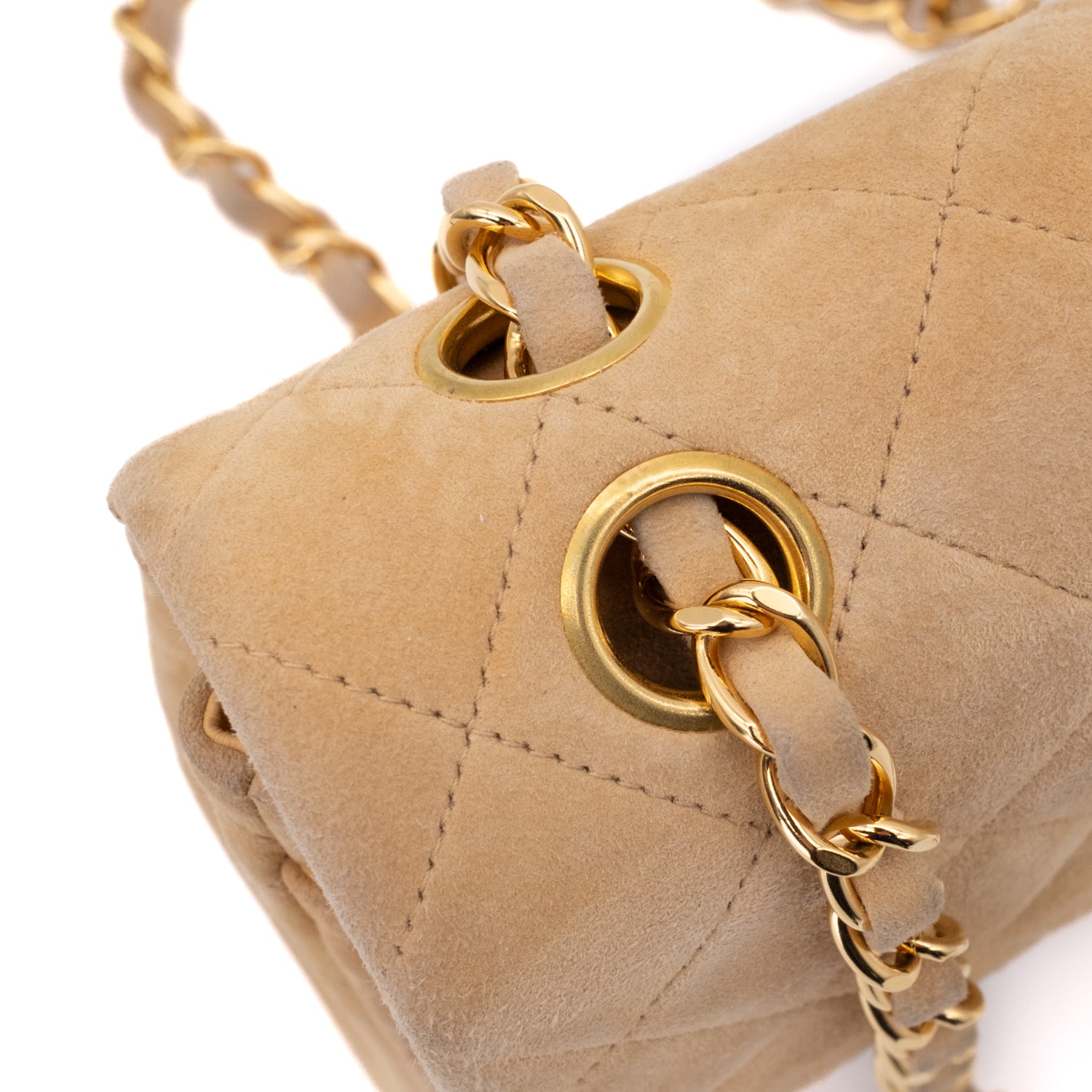 Vintage Chanel Classic Timeless Double Flap Bag in Medium Größe aus beigem Wildleder Material mit goldenerHardware