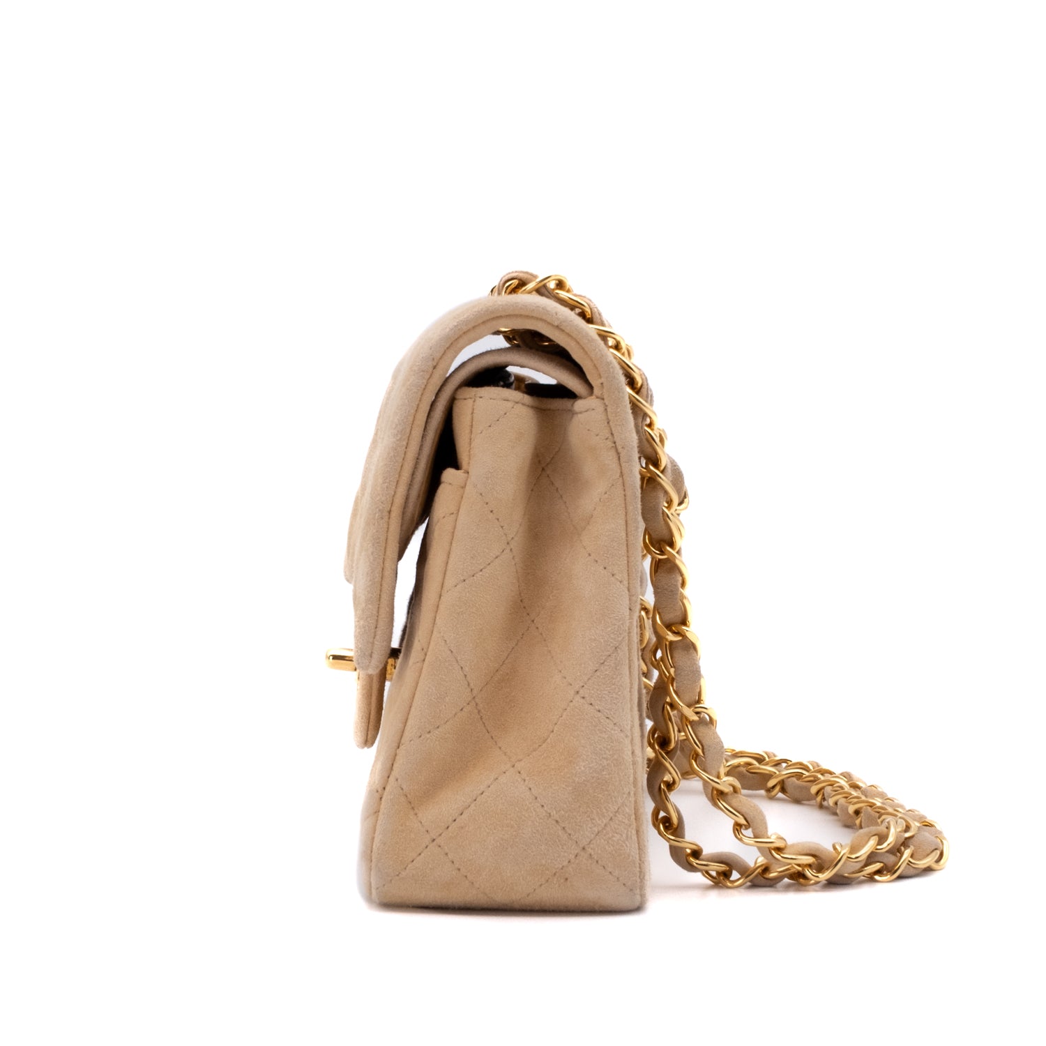 Vintage Chanel Classic Timeless Double Flap Bag in Medium Größe aus beigem Wildleder Material mit goldenerHardware