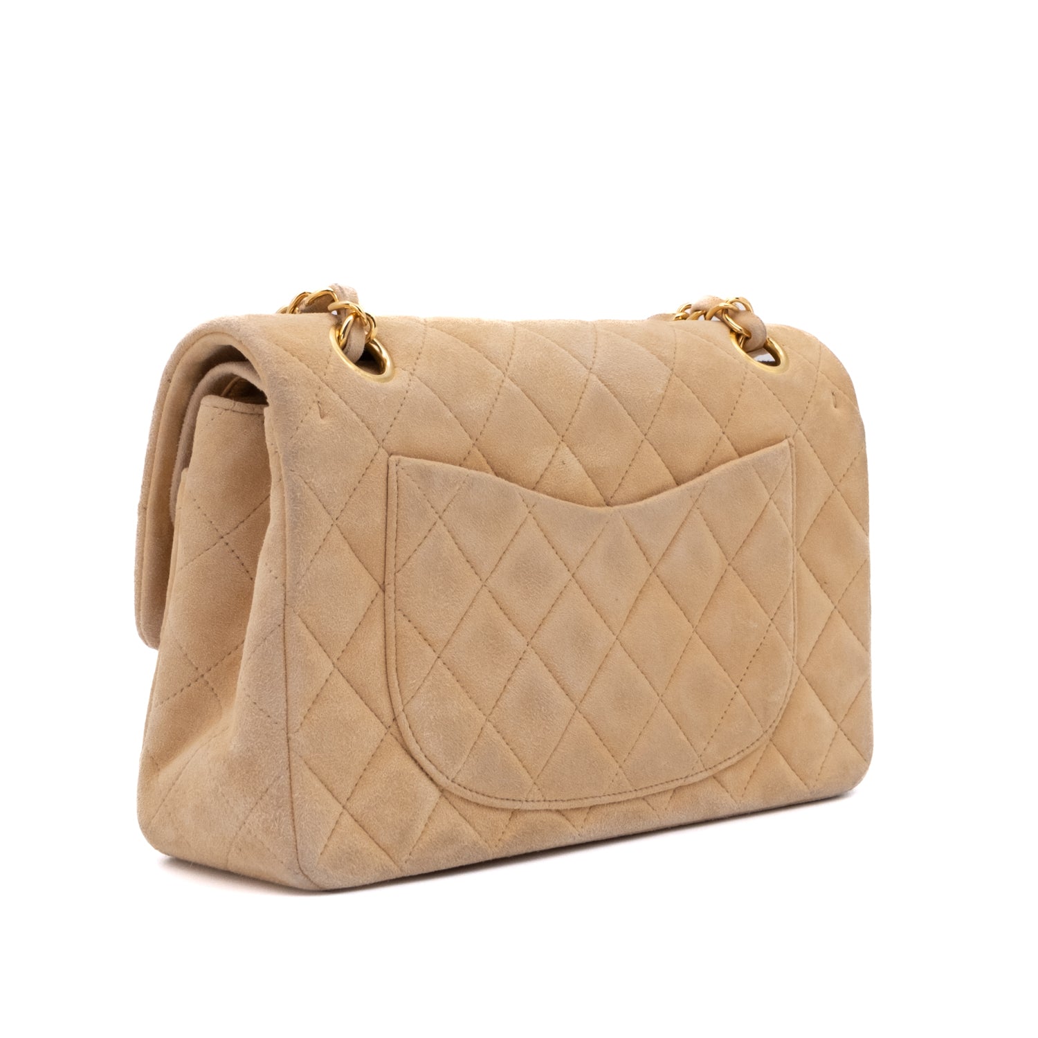 Vintage Chanel Classic Timeless Double Flap Bag in Medium Größe aus beigem Wildleder Material mit goldenerHardware