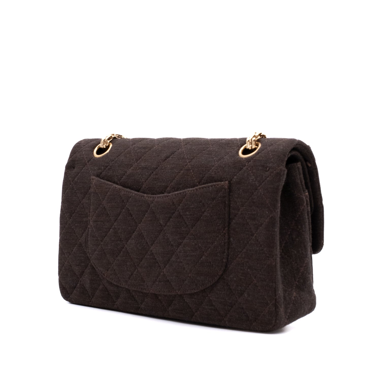 Vintage Chanel Classic Timeless Double Flap Bag in Medium Größe aus braunem Baumwolle Jersey Material mit goldener Hardware