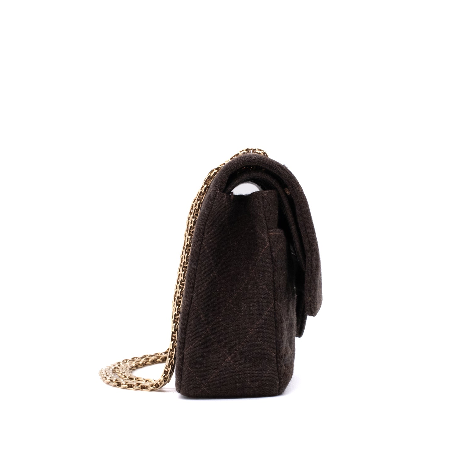 Vintage Chanel Classic Timeless Double Flap Bag in Medium Größe aus braunem Baumwolle Jersey Material mit goldener Hardware