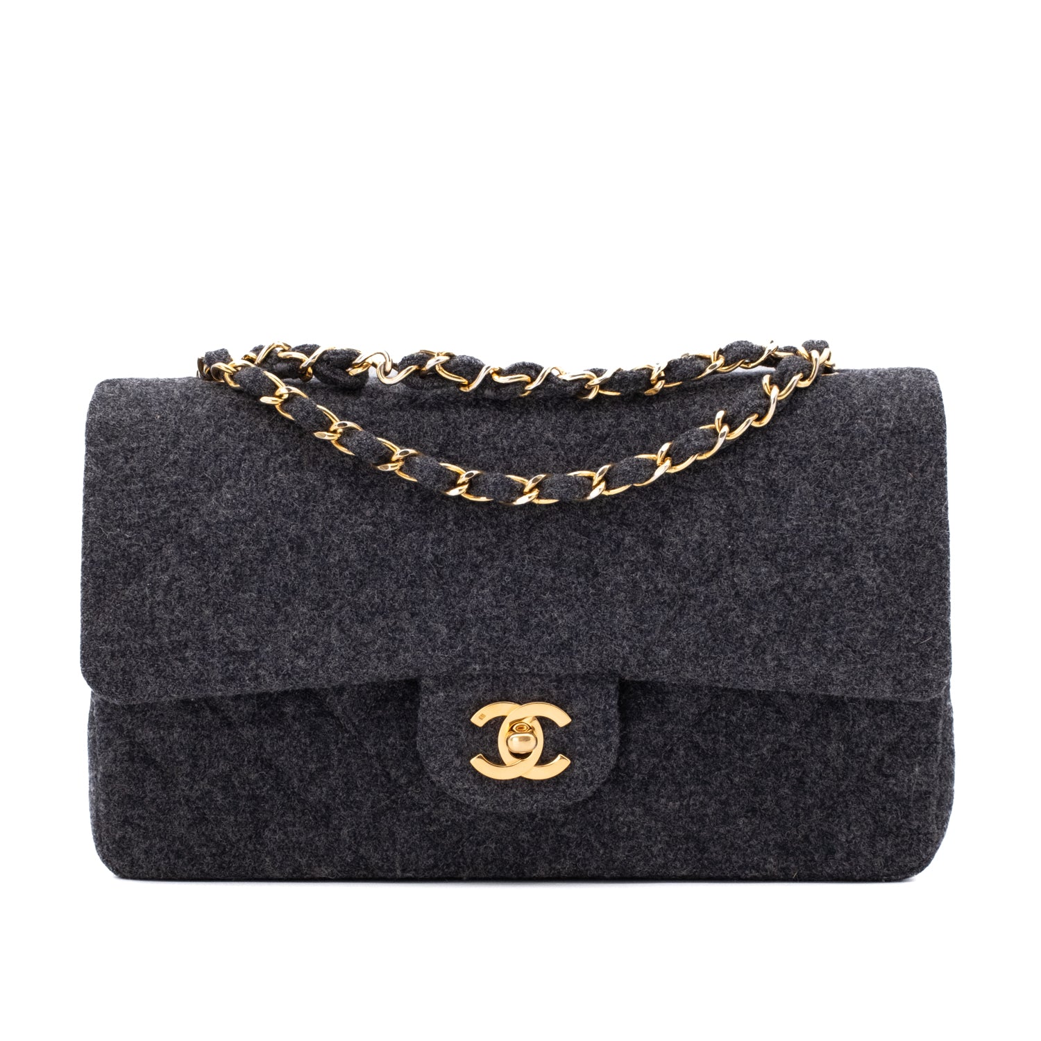 Vintage Chanel Classic Timeless Double Flap Bag in Medium Größe aus grauem Woll Material mit goldener Hardware Vorderansicht 