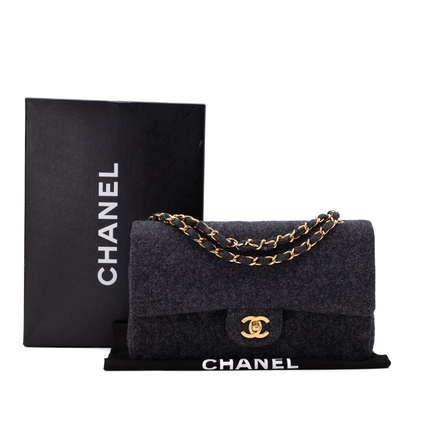 Vintage Chanel Classic Timeless Double Flap Bag in Medium Größe aus grauem Woll Material mit goldener Hardware  Lieferumfang 