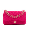 Pinke Chanel Timeless Double Flap Bag Handtasche in Medium Größe aus Jersey Tweed Material mit matt goldener Hardware Vorderansicht  