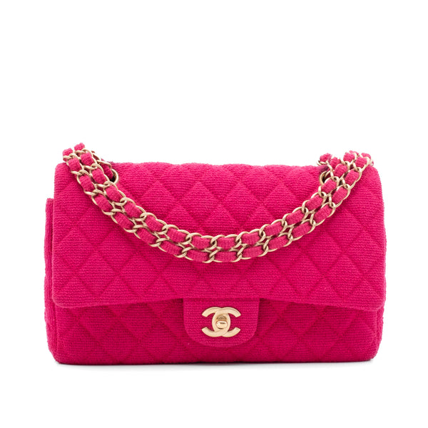 Pinke Chanel Timeless Double Flap Bag Handtasche in Medium Größe aus Jersey Tweed Material mit matt goldener Hardware Vorderansicht  