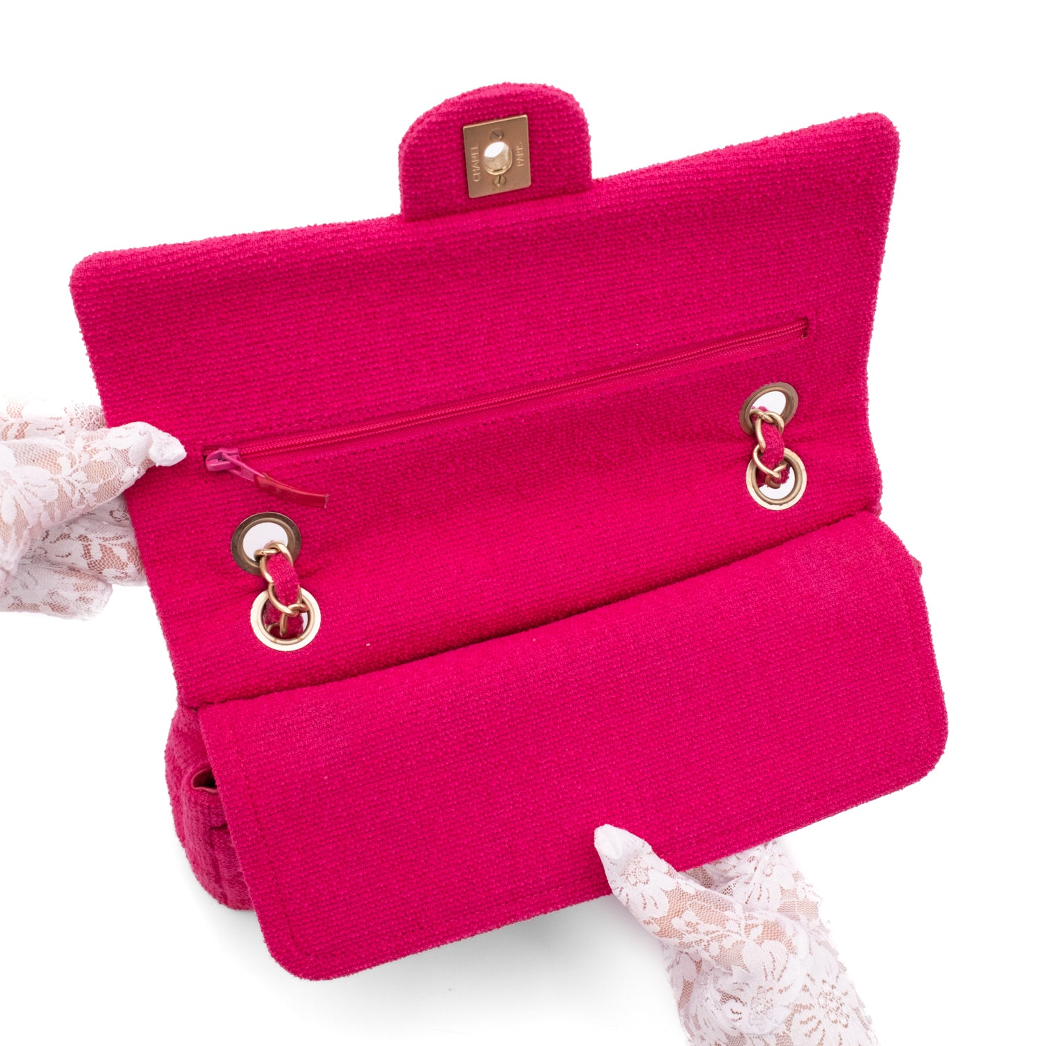 Pinke Chanel Timeless Double Flap Bag Handtasche in Medium Größe aus Jersey Tweed Material mit matt goldener Hardware