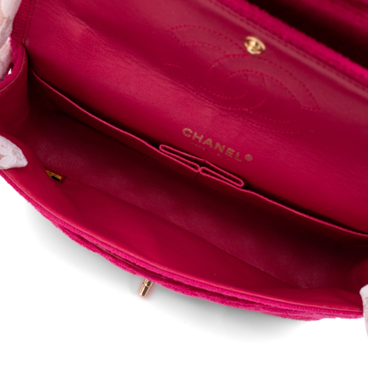 Pinke Chanel Timeless Double Flap Bag Handtasche in Medium Größe aus Jersey Tweed Material mit matt goldener Hardware