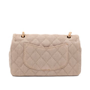 Beige Chanel Classic Double Flap Bag in Medium Größe aus Leinen Canvas Material mit matt goldener Hardware Vorderansicht 
