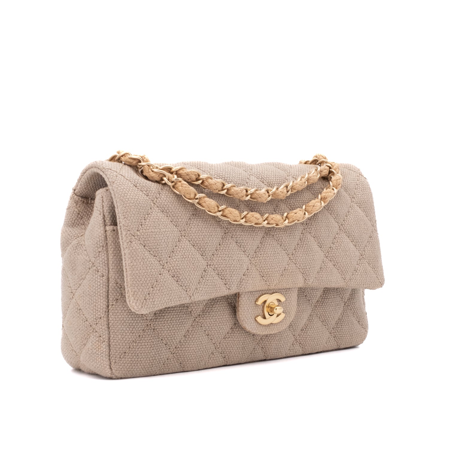 Beige Chanel Classic Double Flap Bag in Medium Größe aus Leinen Canvas Material mit matt goldener Hardware Vorderansicht 