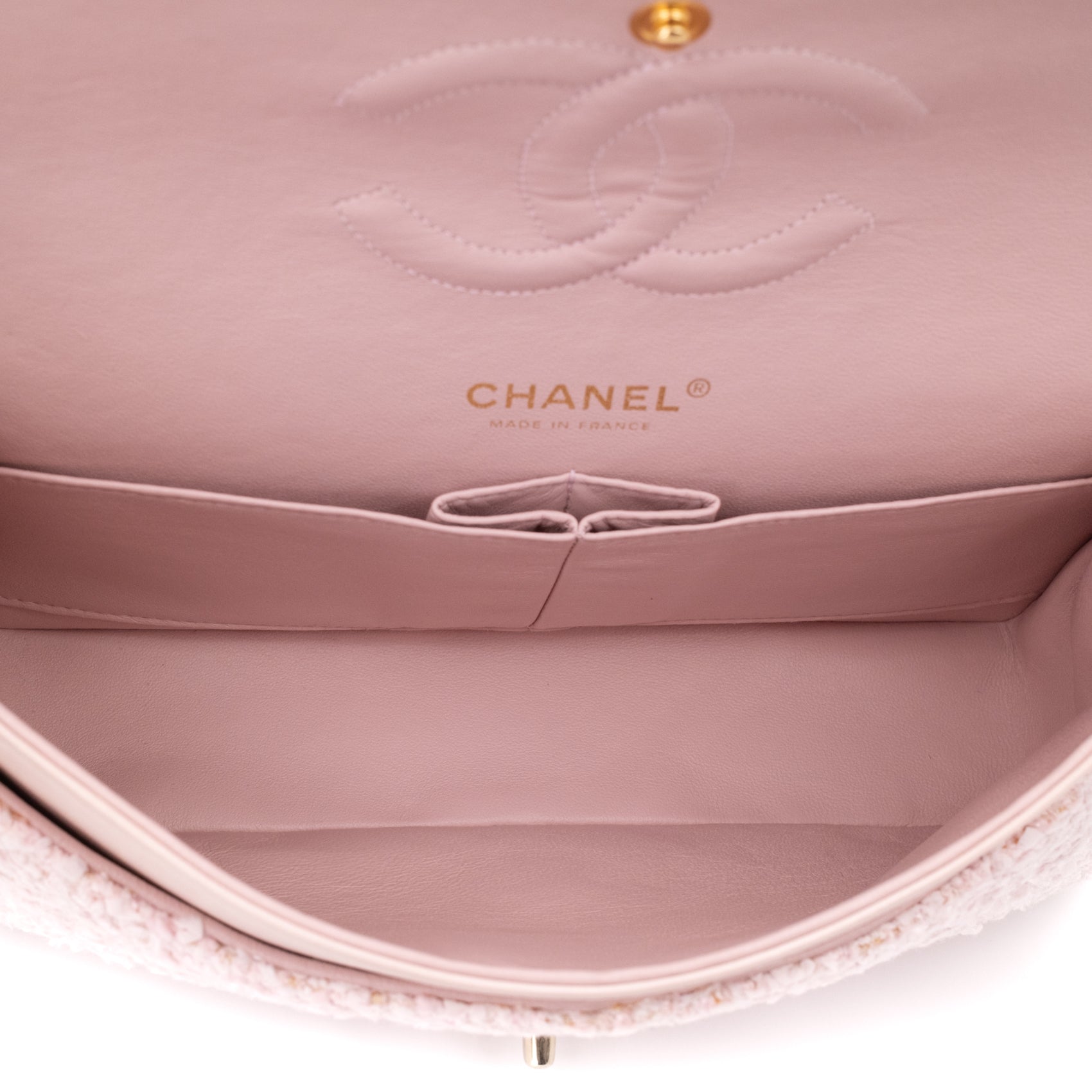 Chanel Classic Double Flap Medium Boucle Tweed Rosa Pink GHW