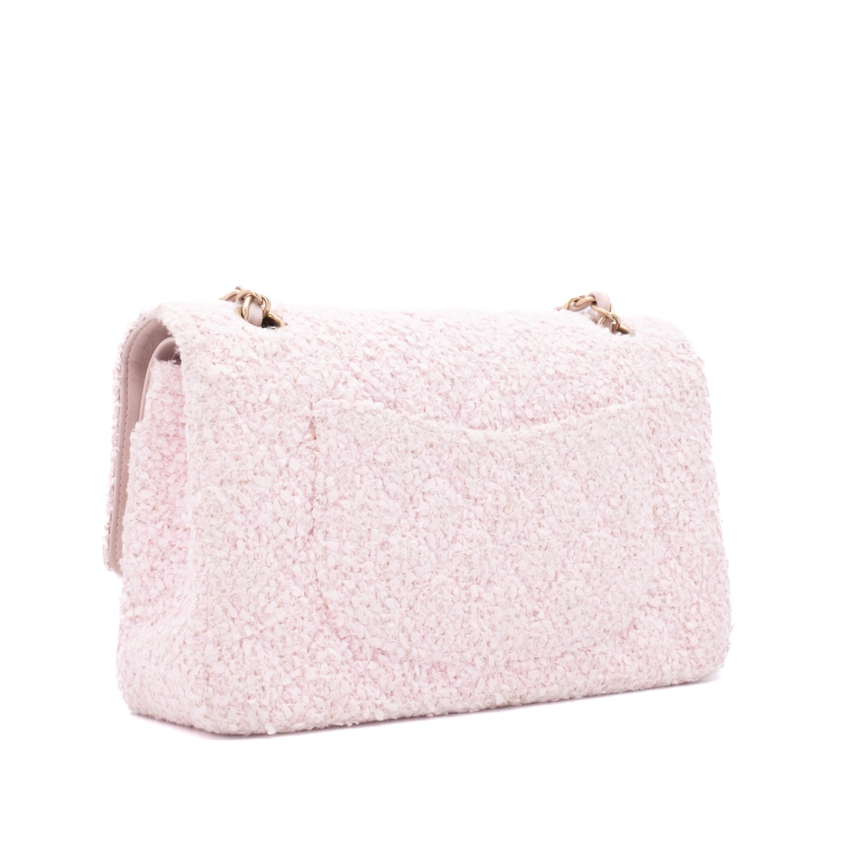 Chanel Classic Timeless Double Flap Bag in Medium Größe aus rosa Tweed Material mit goldener Hardware Rückseite