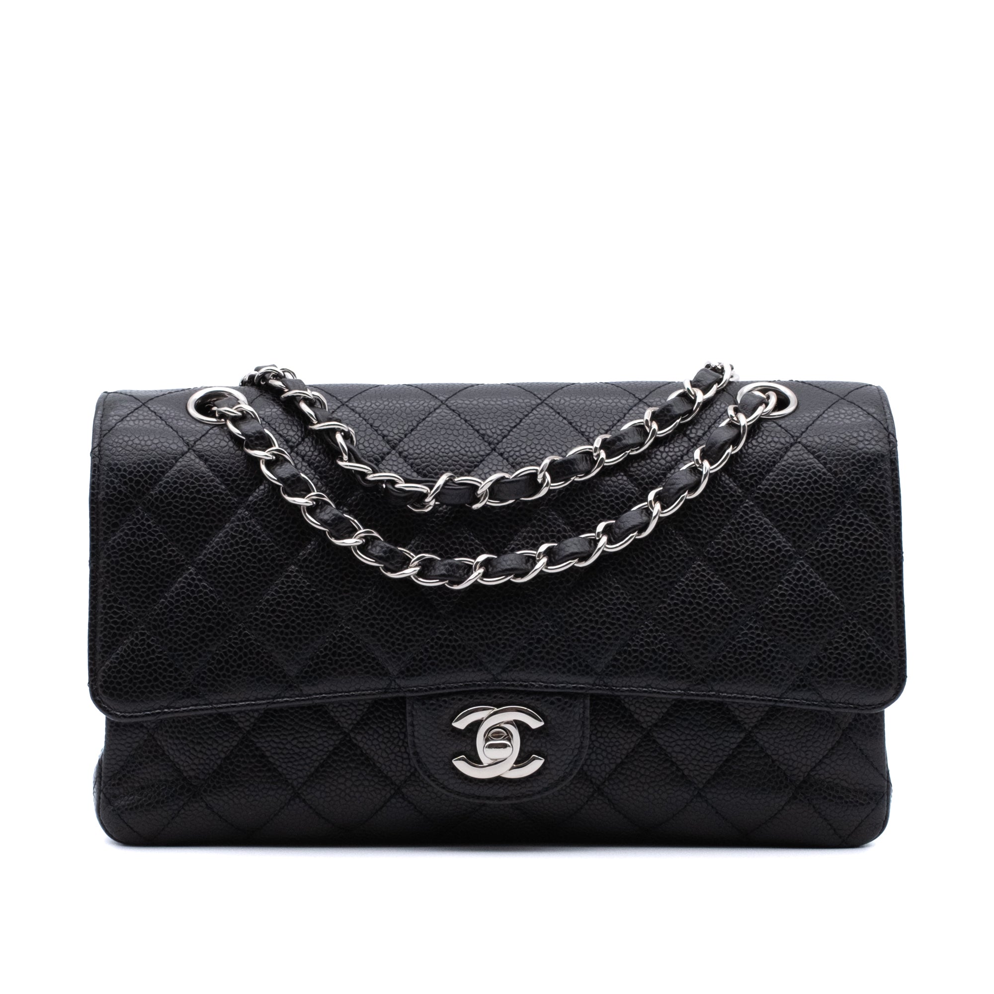 Chanel Classic Timeless Double Flap Bag in Medium Größe aus schwarzem Caviar Leder Material mit silberner Hardware Vorderansicht