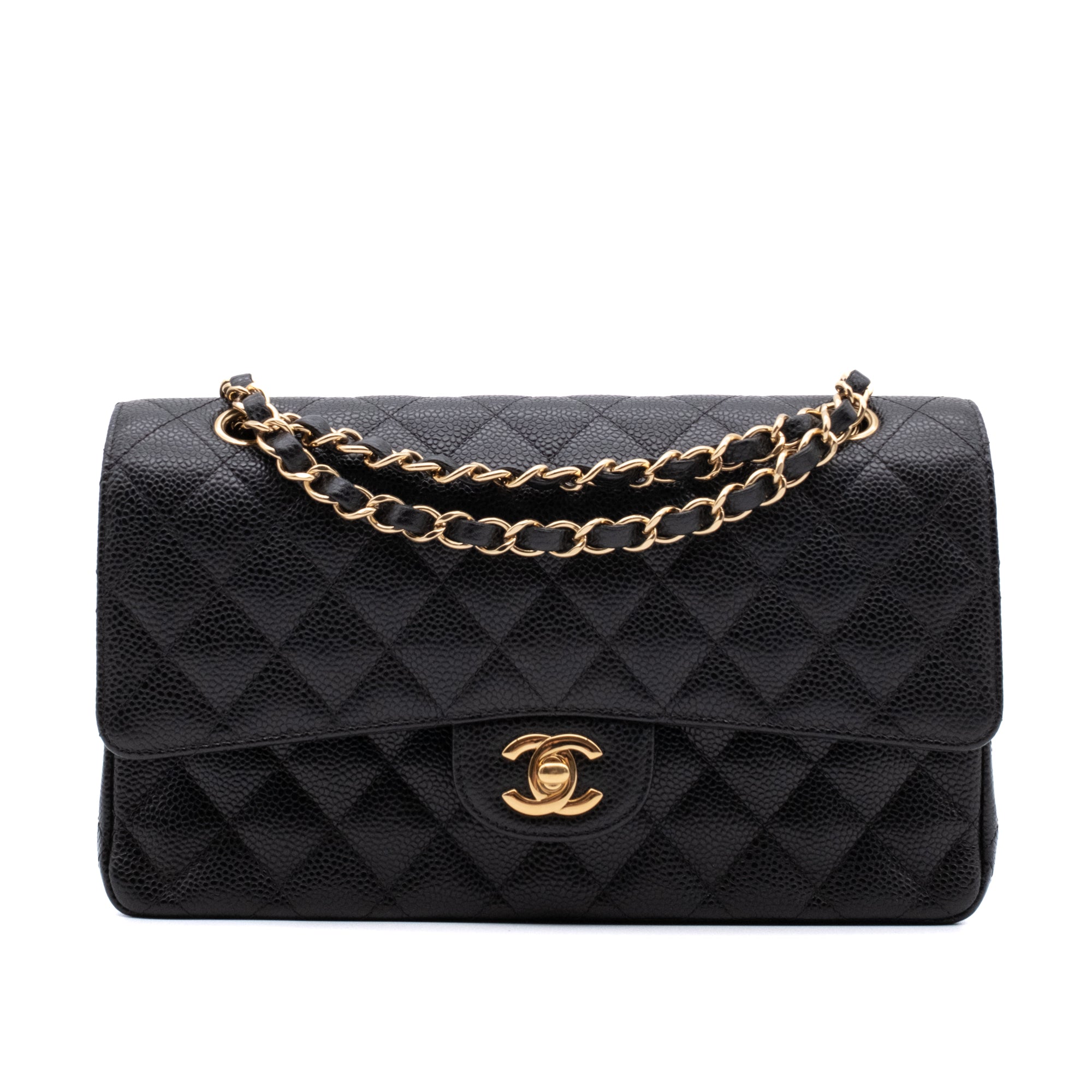 Chanel Classic Timeless Double Flap Bag in Medium Größe aus schwarzem Caviar Leder Material mit goldener Hardware Vorderansicht