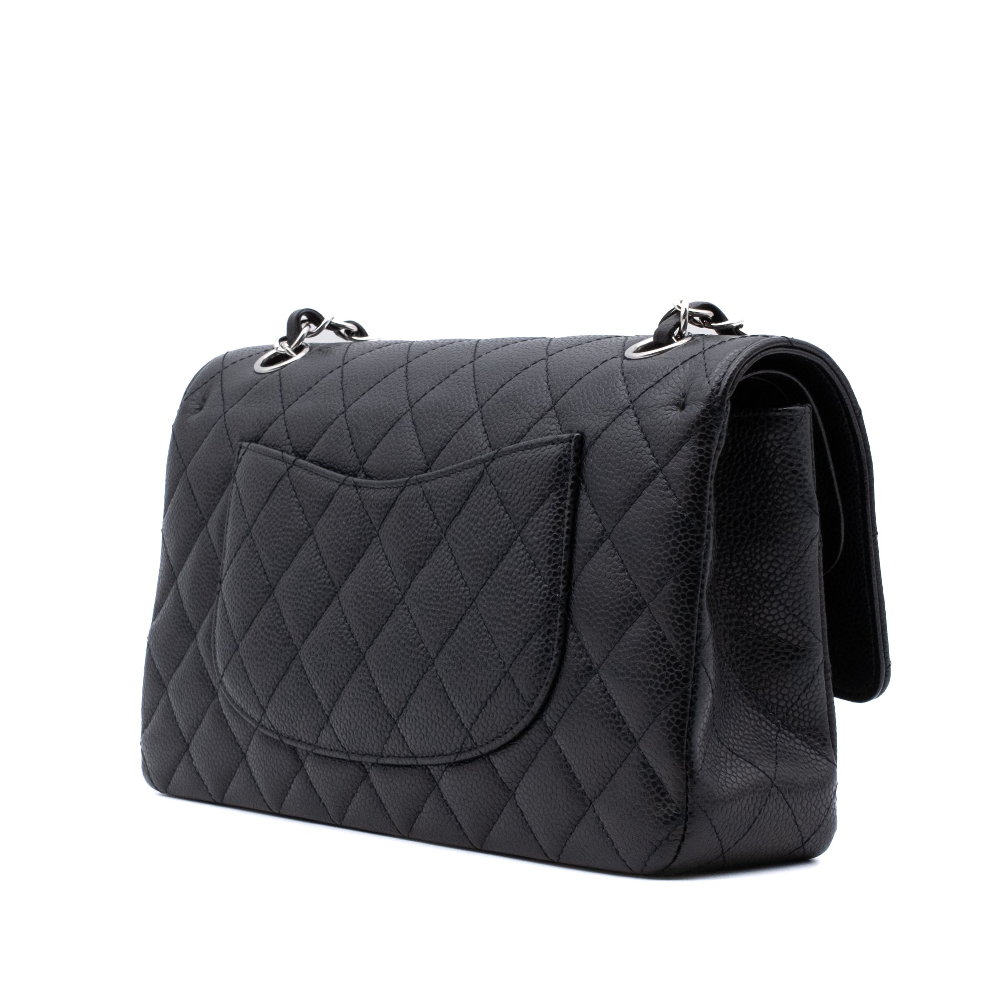 Chanel Classic Timeless Double Flap Bag in Medium Größe aus schwarzem Caviar Leder Material mit silberner Hardware