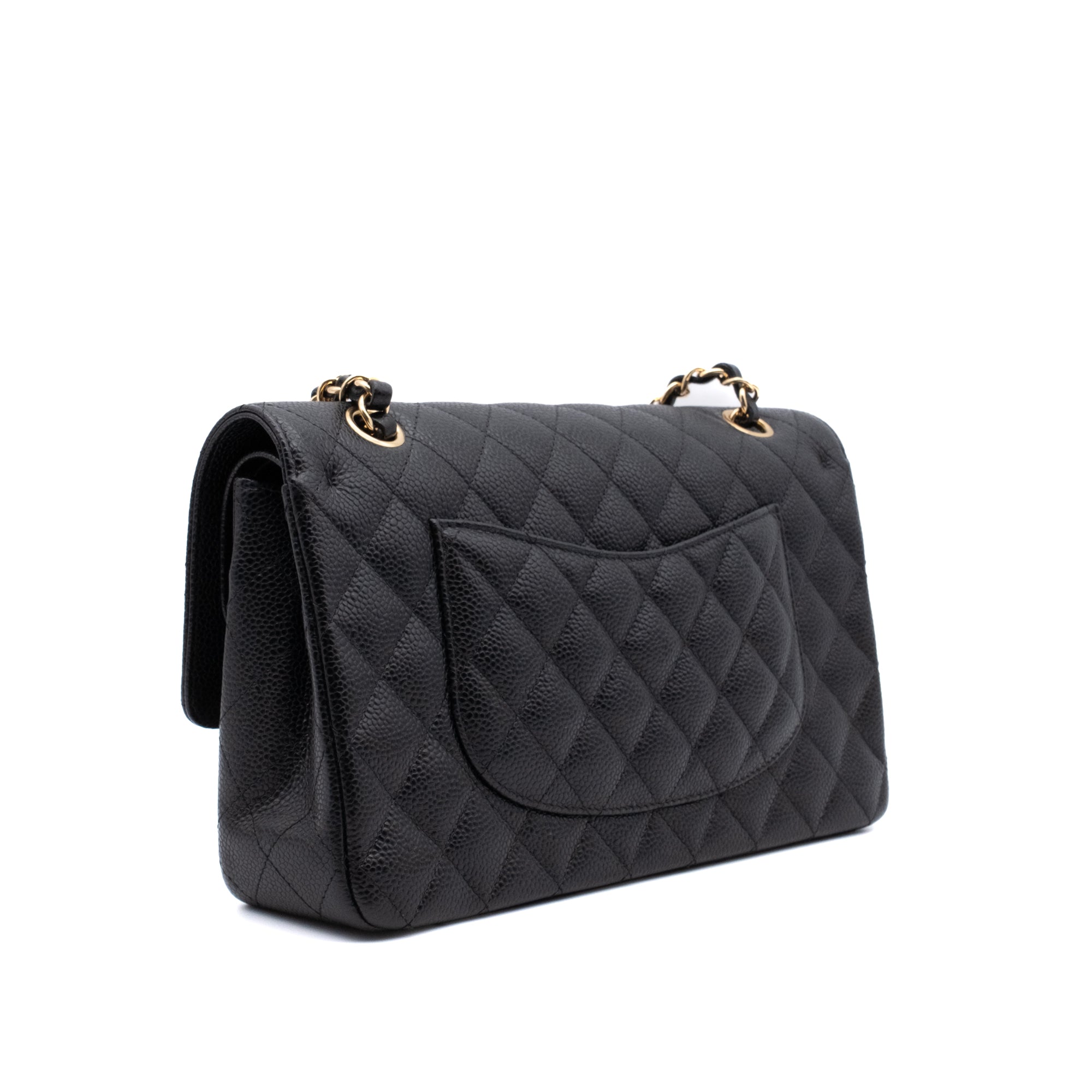 Chanel Classic Timeless Double Flap Bag in Medium Größe aus schwarzem Caviar Leder Material mit goldener Hardware