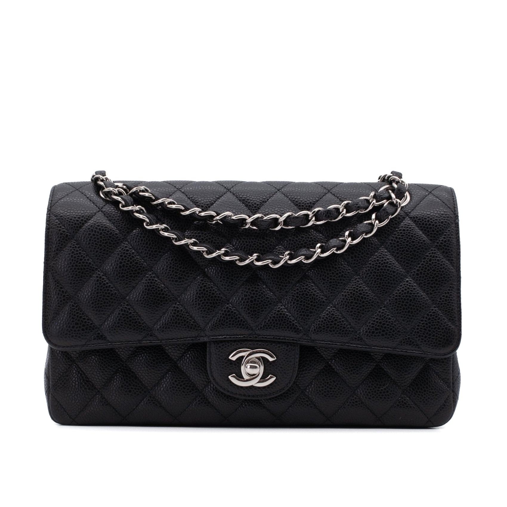 Chanel Classic Timeless Double Flap Bag in Medium Größe aus schwarzem Caviar Leder Material mit silberner Hardware Vorderansicht 