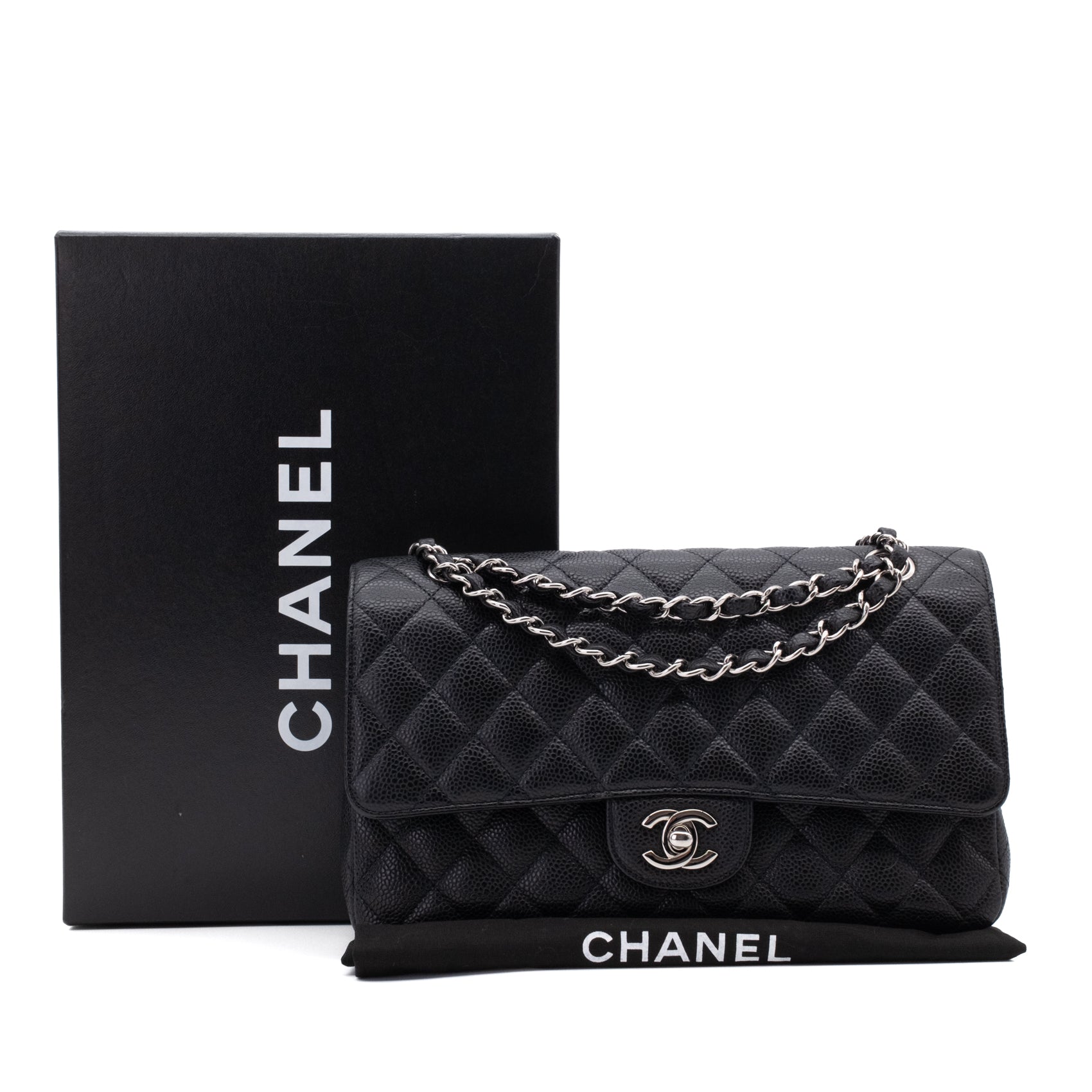 Chanel Classic Timeless Double Flap Bag in Medium Größe aus schwarzem Caviar Leder Material mit silberner Hardware Full Set