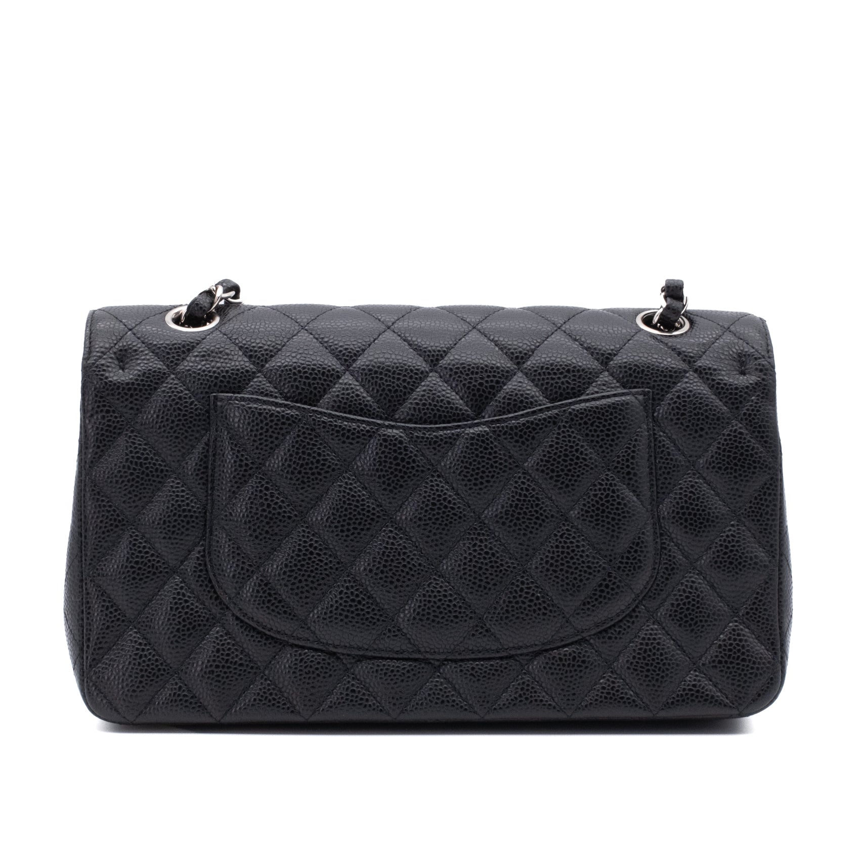 Chanel Classic Timeless Double Flap Bag in Medium Größe aus schwarzem Caviar Leder Material mit silberner Hardware rückseite 