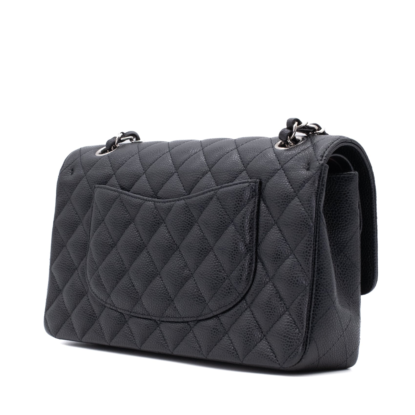 Chanel Classic Timeless Double Flap Bag in Medium Größe aus schwarzem Caviar Leder Material mit silberner Hardware Rückseite seitlich