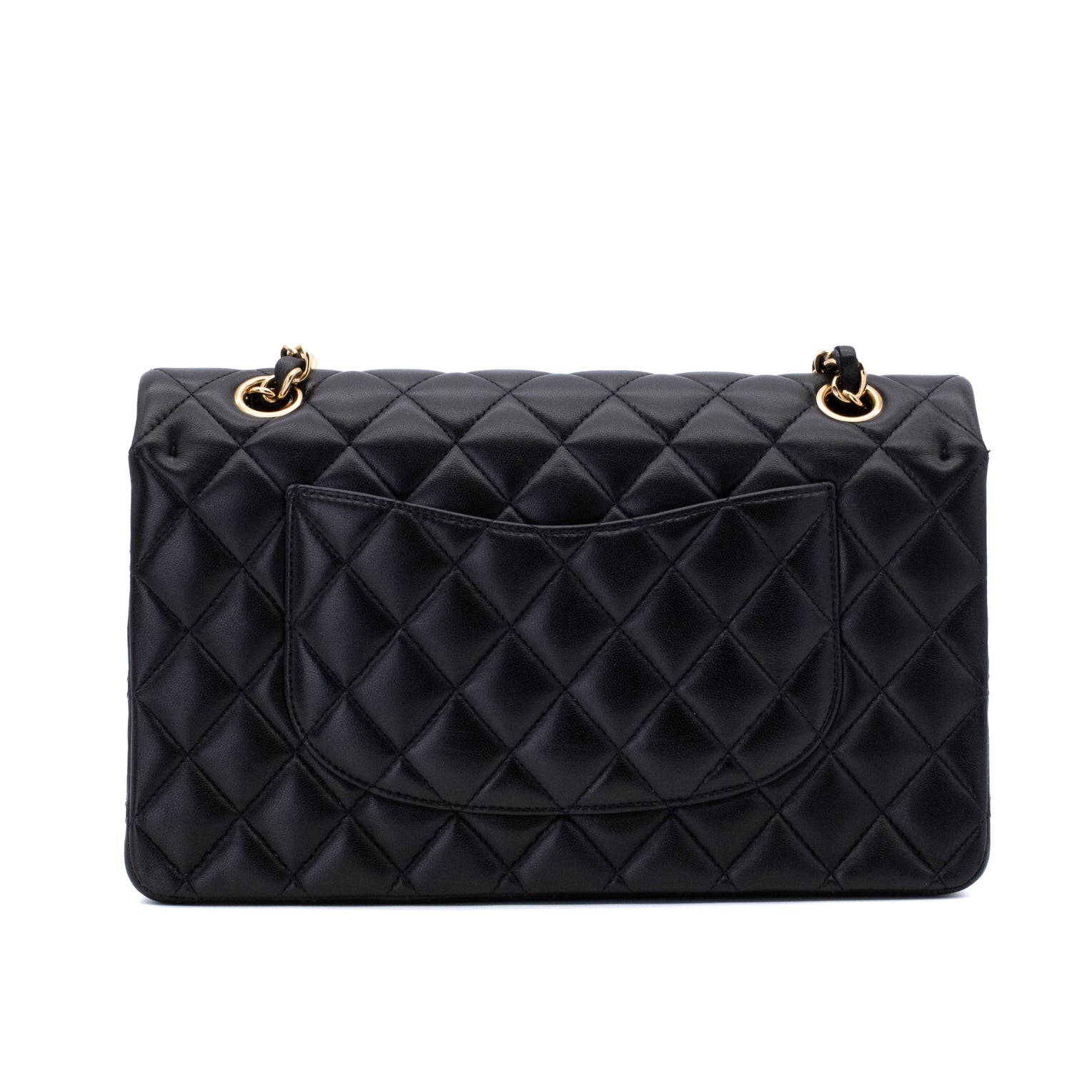 Chanel Classic Timeless Double Flap Bag in Medium Größe aus schwarzem Lammleder Material mit goldener Hardware Rückansicht 