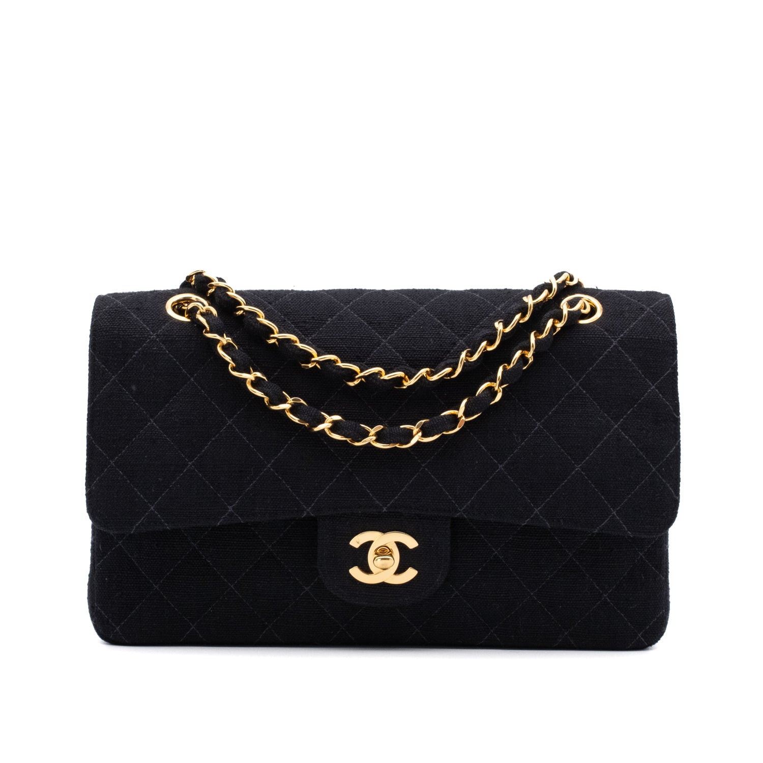 Vintage Chanel Classic Timeless Double Flap Bag in Medium Größe aus schwarzem Leinen Canvas Material mit goldener Hardware Vorderansicht 