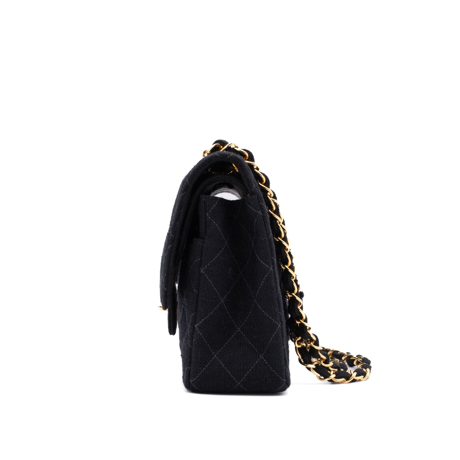 Vintage Chanel Classic Timeless Double Flap Bag in Medium Größe aus schwarzem Leinen Canvas Material mit goldener Hardware