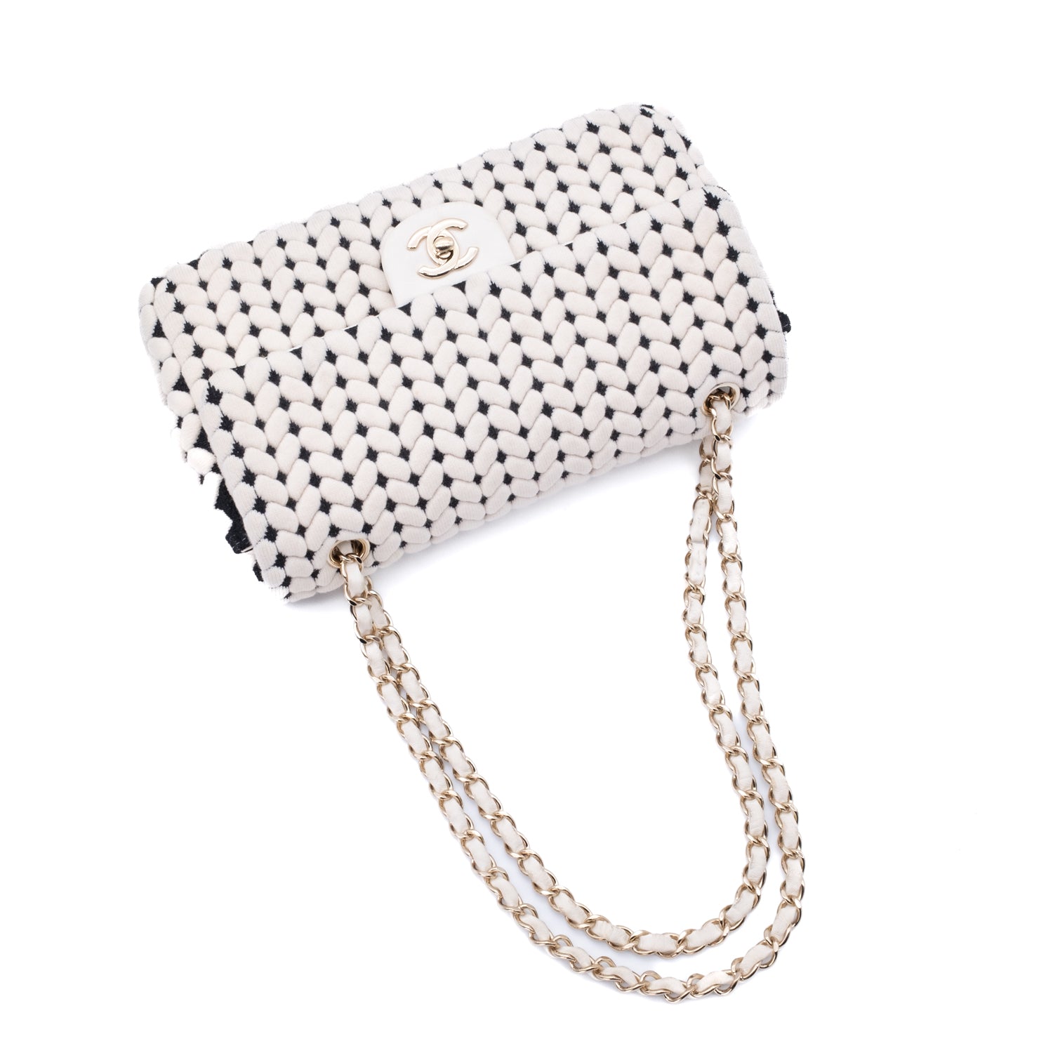 Chanel Classic Timeless Double Flap Bag in Medium Größe aus schwarze weissem Wolle Jersey Material mit goldener Hardware