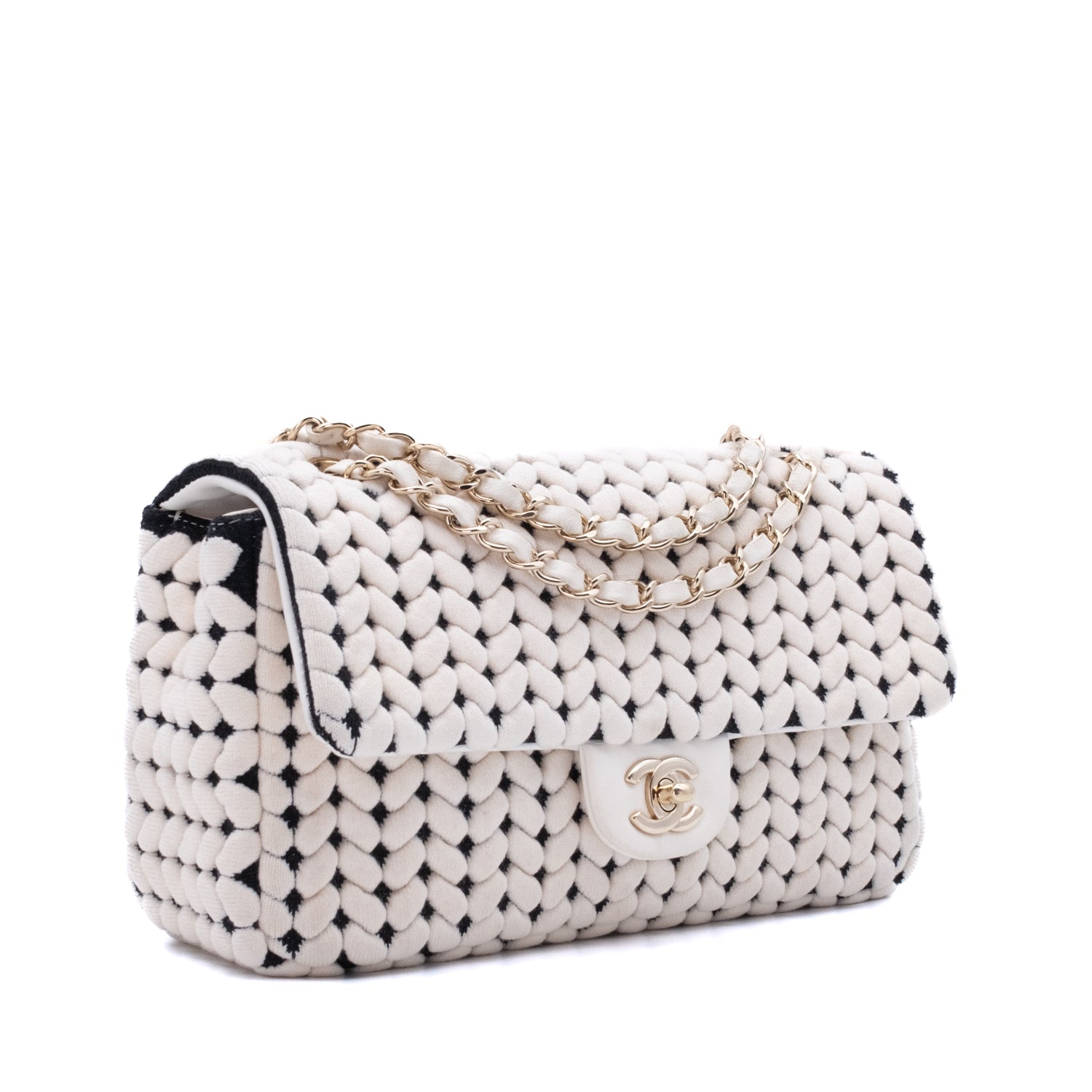 Chanel Classic Timeless Double Flap Bag in Medium Größe aus schwarze weissem Wolle Jersey Material mit goldener Hardware