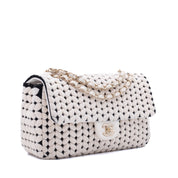 Chanel Classic Timeless Double Flap Bag in Medium Größe aus schwarze weissem Wolle Jersey Material mit goldener Hardware