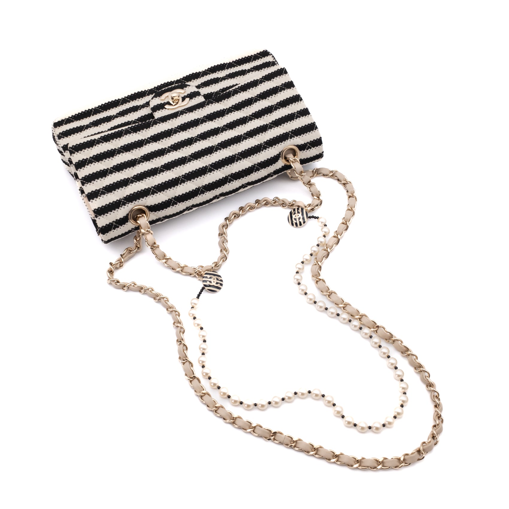 Chanel Classic Double Flap Medium Jersey Streifen Schwarz Weiß GHW