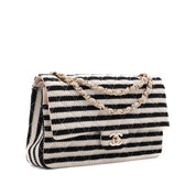 Chanel Classic Double Flap Medium Jersey Streifen Schwarz Weiß GHW
