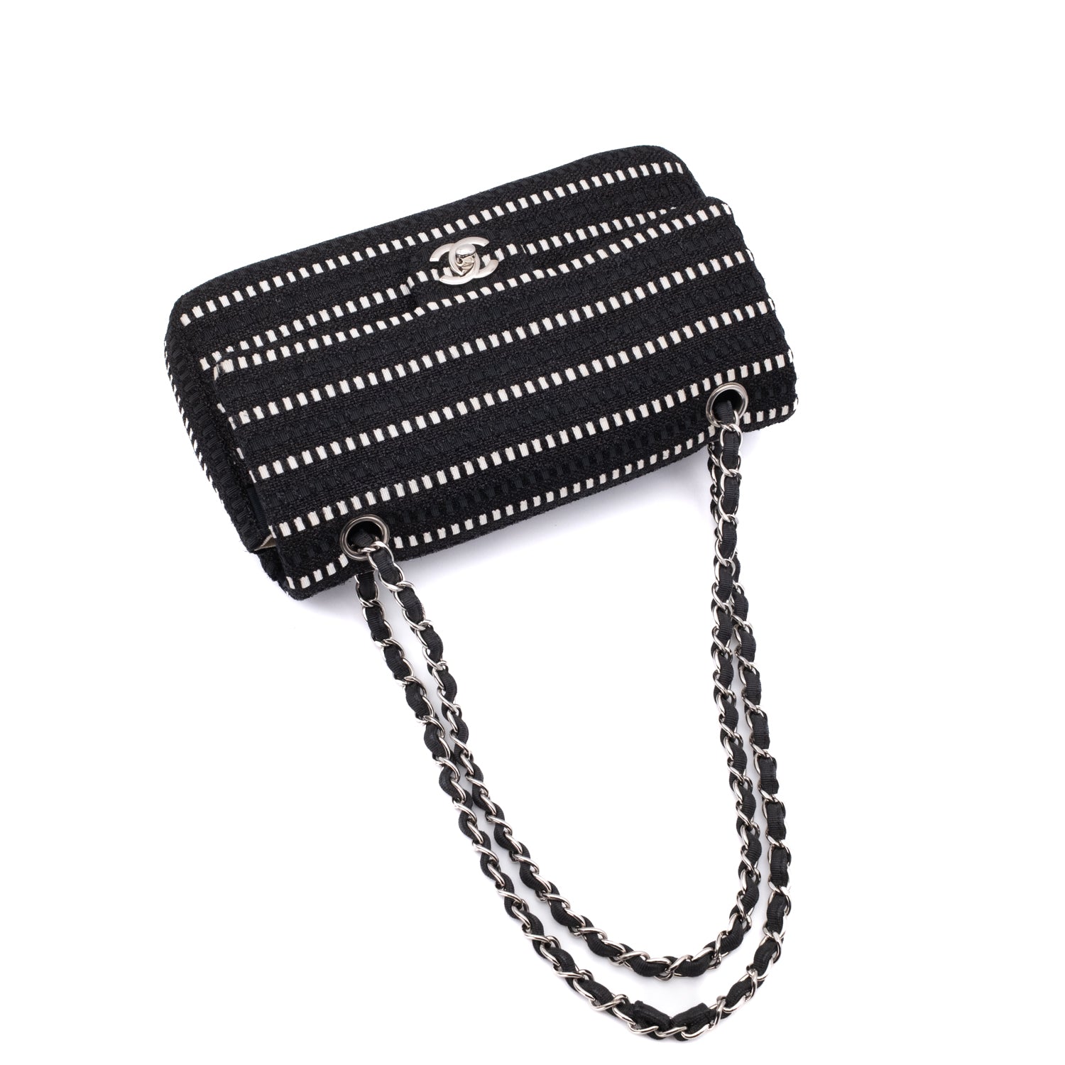 Schwarz Weiss gestreifte Chanel Classic Double Flap Bag in Medium Größe aus Tweed und Ribbon mit silberner Hardware