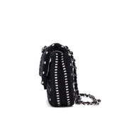 Schwarz Weiss gestreifte Chanel Classic Double Flap Bag in Medium Größe aus Tweed und Ribbon mit silberner Hardware