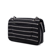 Schwarz Weiss gestreifte Chanel Classic Double Flap Bag in Medium Größe aus Tweed und Ribbon mit silberner Hardware