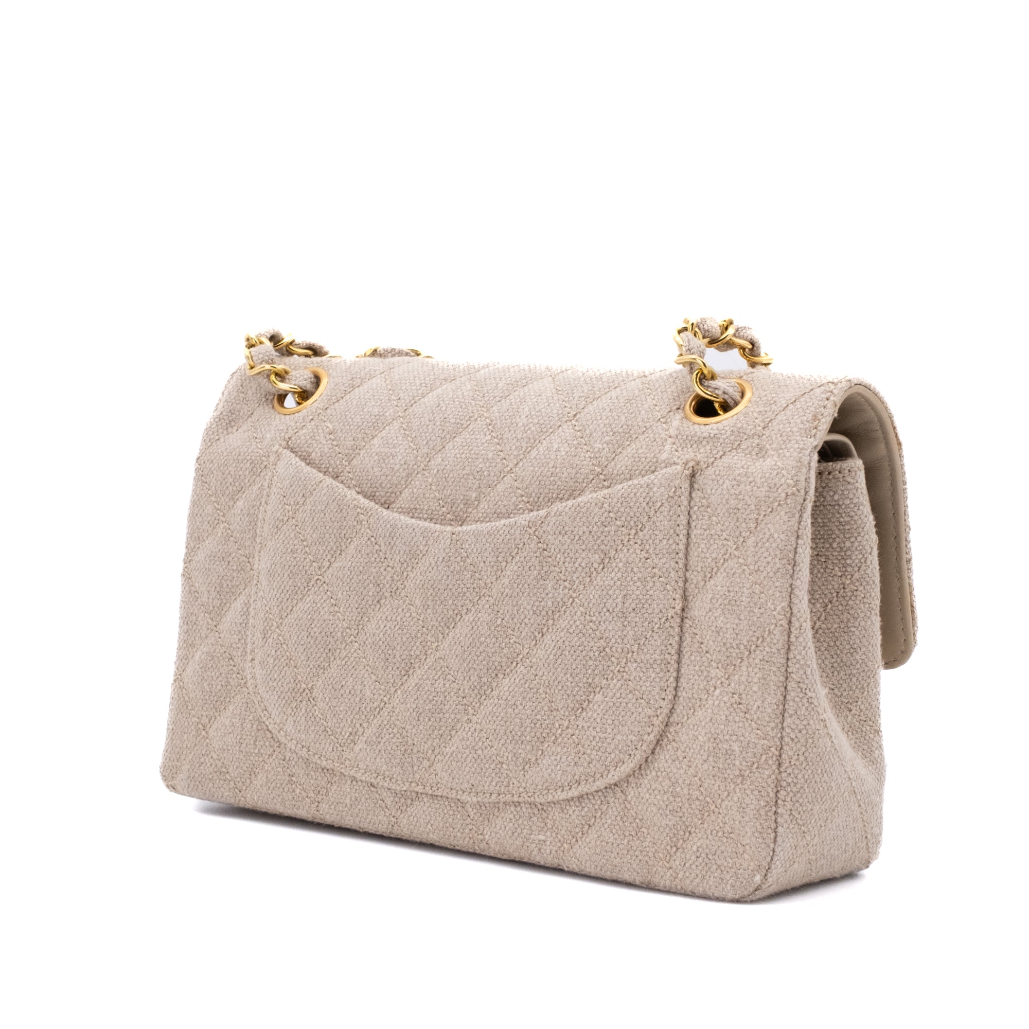 Vintage Chanel Classic Timeless Double Flap Bag in Small Größe aus beigem Leinen Canvas Material mit goldener Hardware