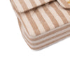 Gestreifte Vintage Chanel Timeless Double Flap Bag Handtasche in  Small Größe aus Baumwolle Canvas Leinen Material mit goldener Hardware Ecken vorne links 