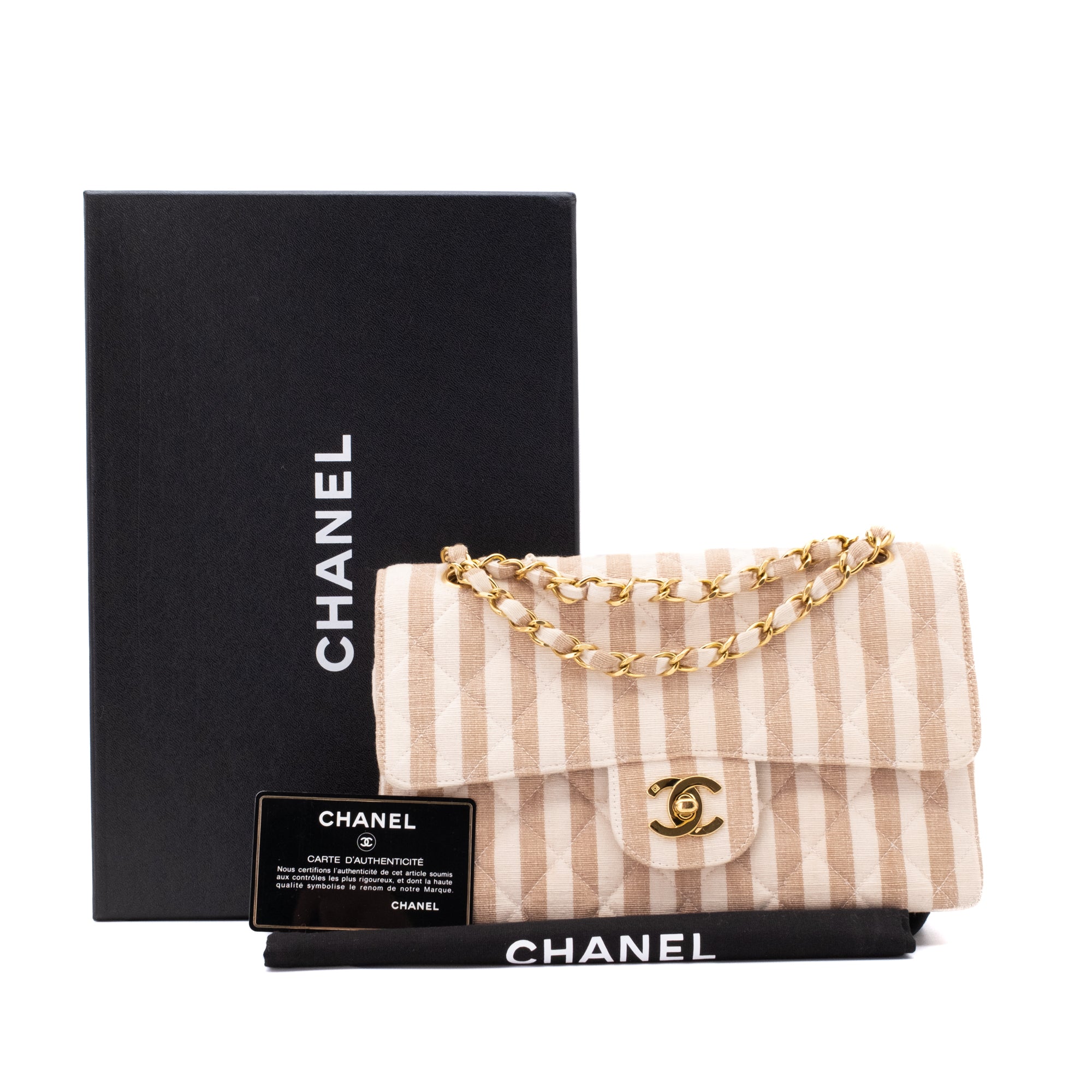 Gestreifte Vintage Chanel Timeless Double Flap Bag Handtasche in  Small Größe aus Baumwolle Canvas Leinen Material mit goldener Hardware Lieferumfang 