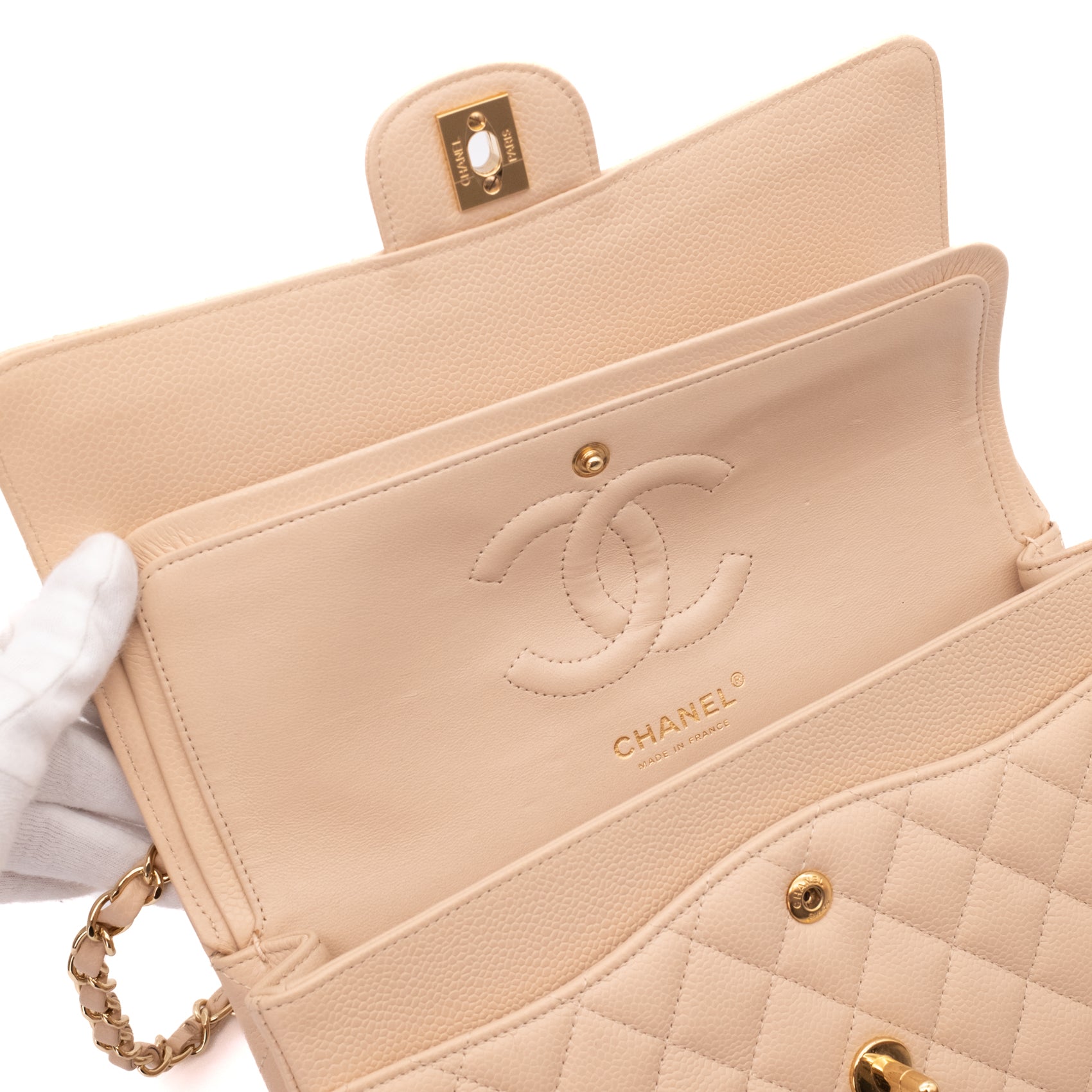 Chanel Double Flap Bag Medium Caviarleder Beige GHW