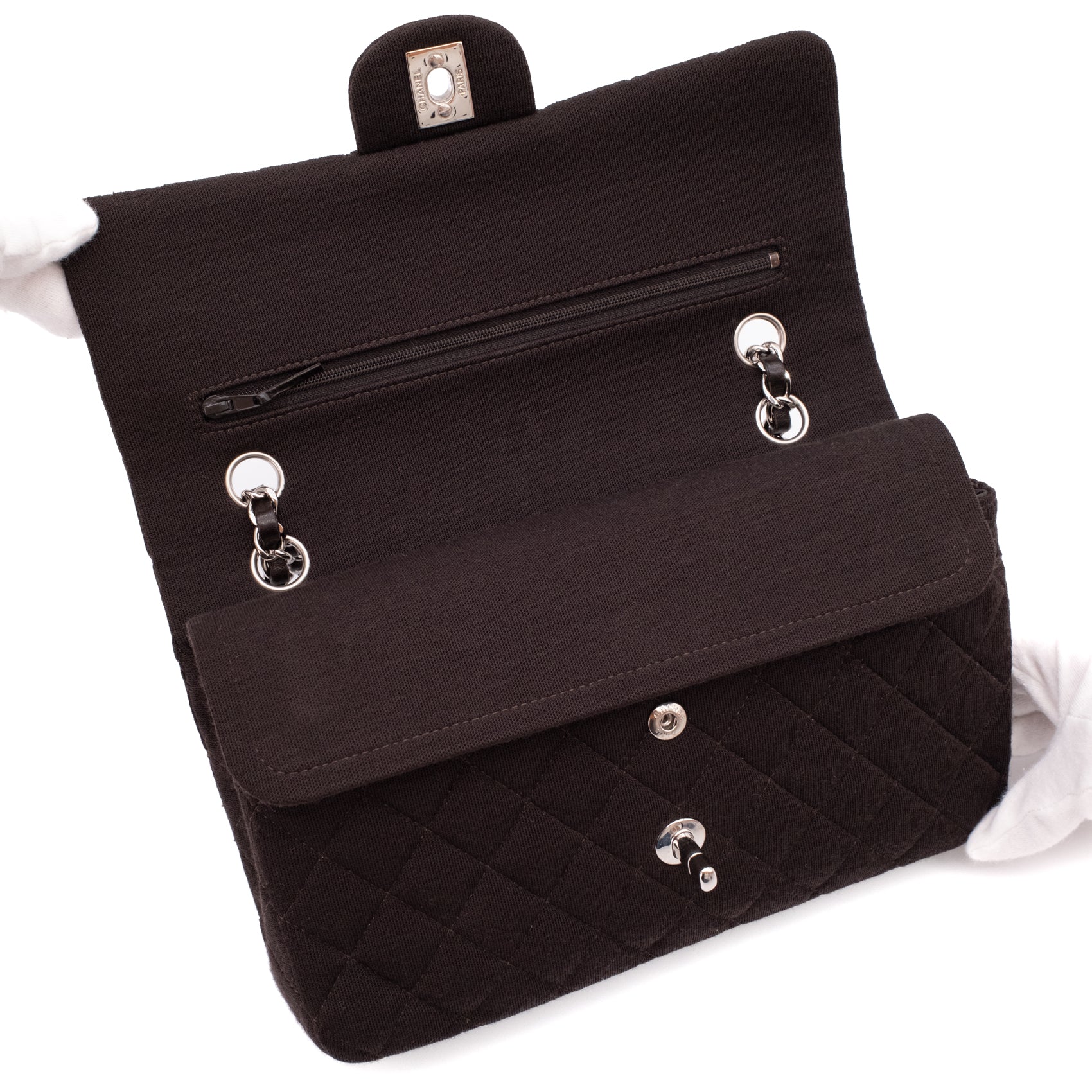 Chanel Classic Double Flap Bag Medium Jersey Braun SHW