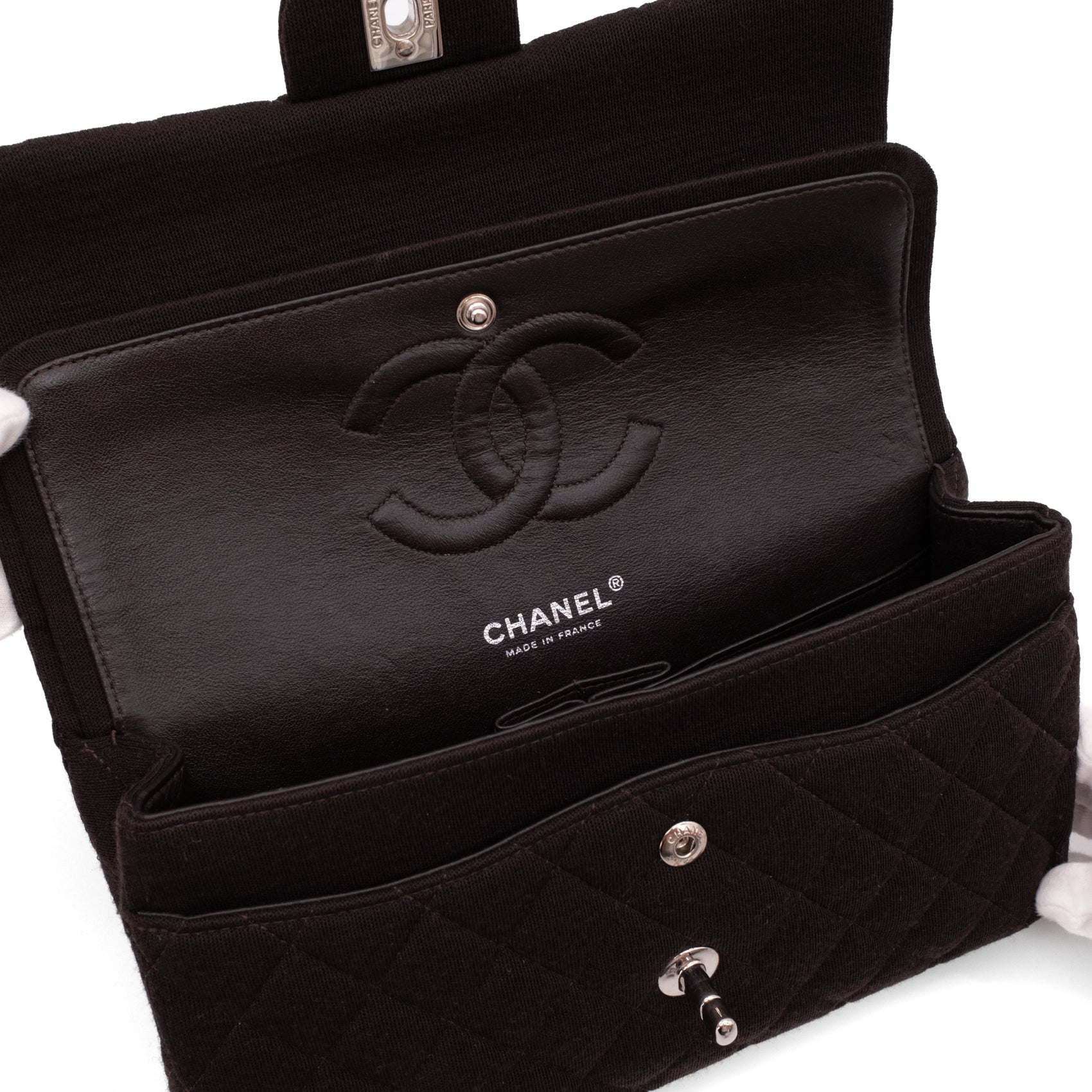 Chanel Classic Double Flap Bag Medium Jersey Braun SHW