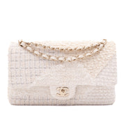 Chanel Classic Double Flap Medium White Creme Patchwork Tweed CGHW